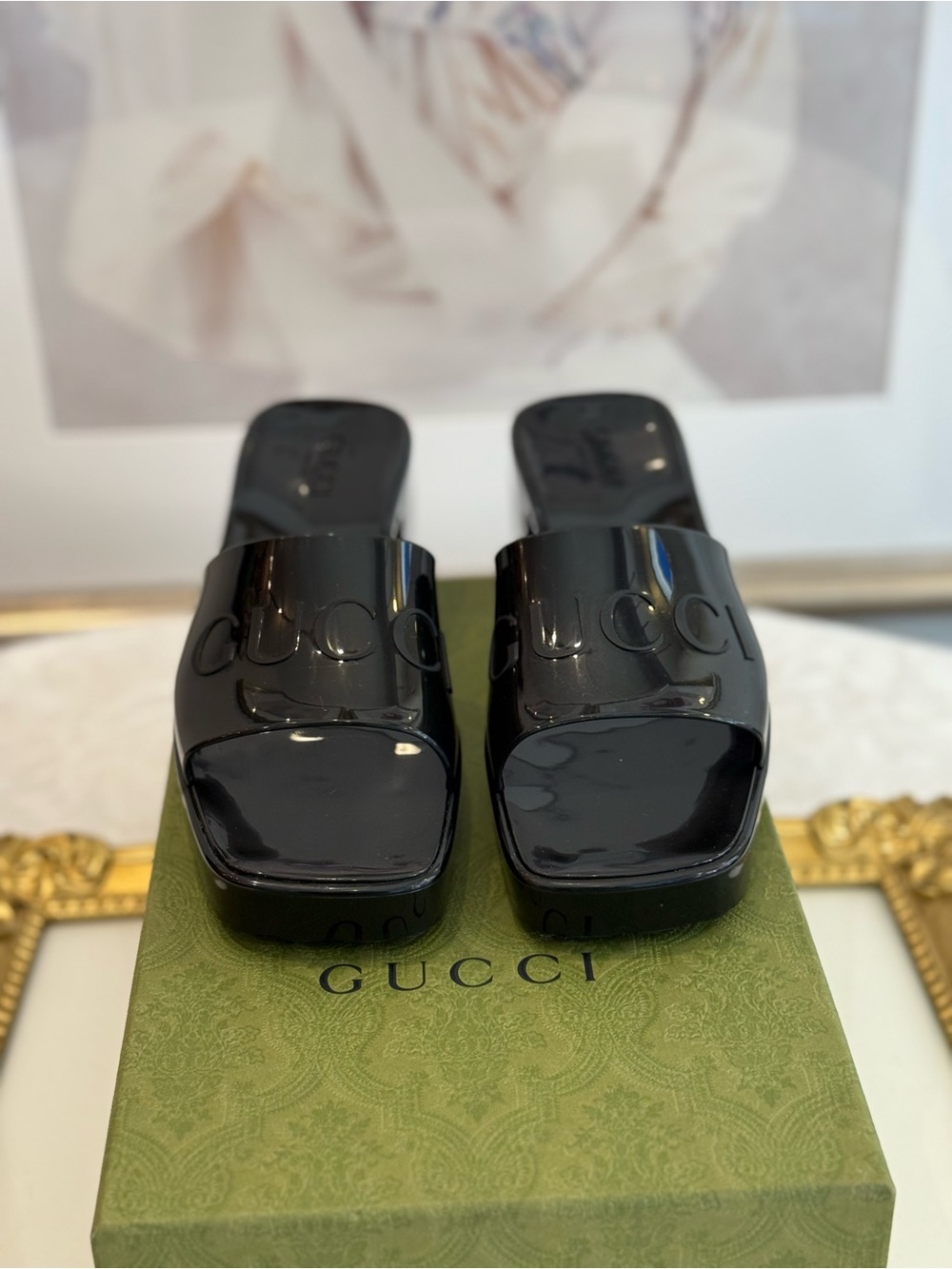Gucci Black Patent Square-Toe Slide Mules - Picture 2 of 11